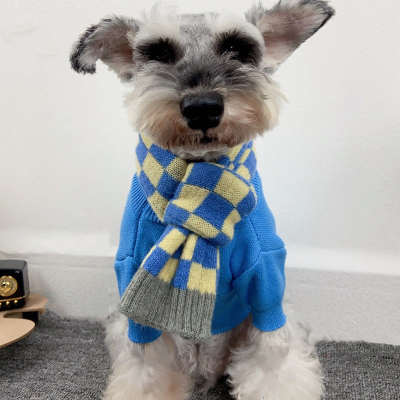 Chequer Contrast Color Knitted Dog Cat Scarf