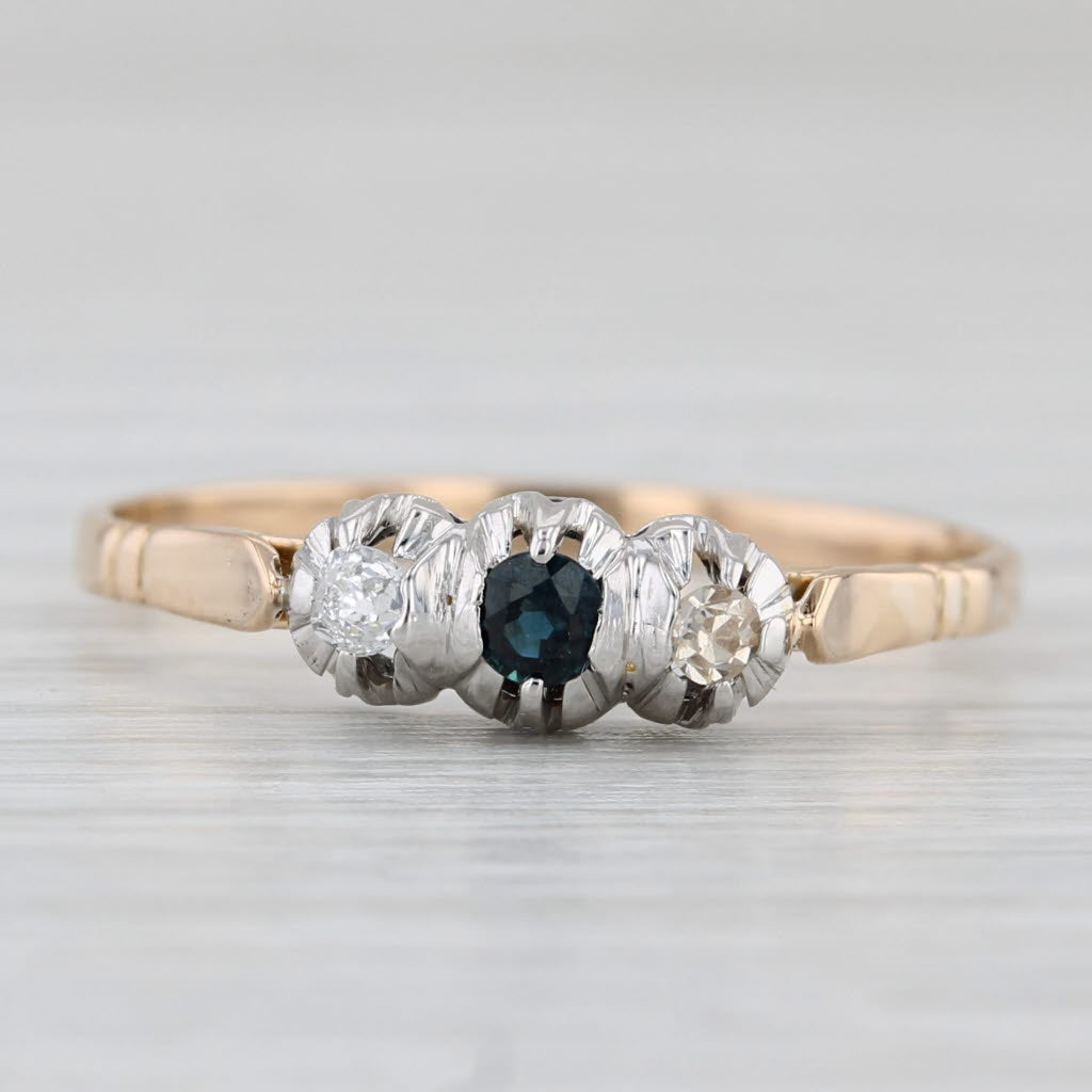 0.16ctw Diamond Sapphire 3-Stone Ring 18k Yellow White Gold Size 9