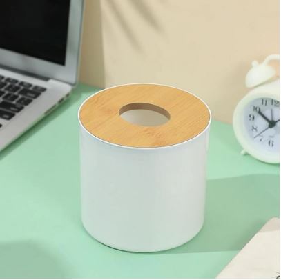 Wooden Cover Plastic Tissue Holder. Anti-Slid Base Wide Opening Tissue Organizer Box (White Color)