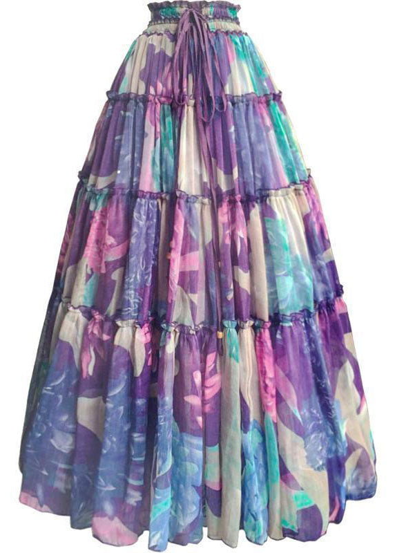 Bohemian Purple Drawstring Wrinkled Patchwork Print Chiffon Skirt Summer