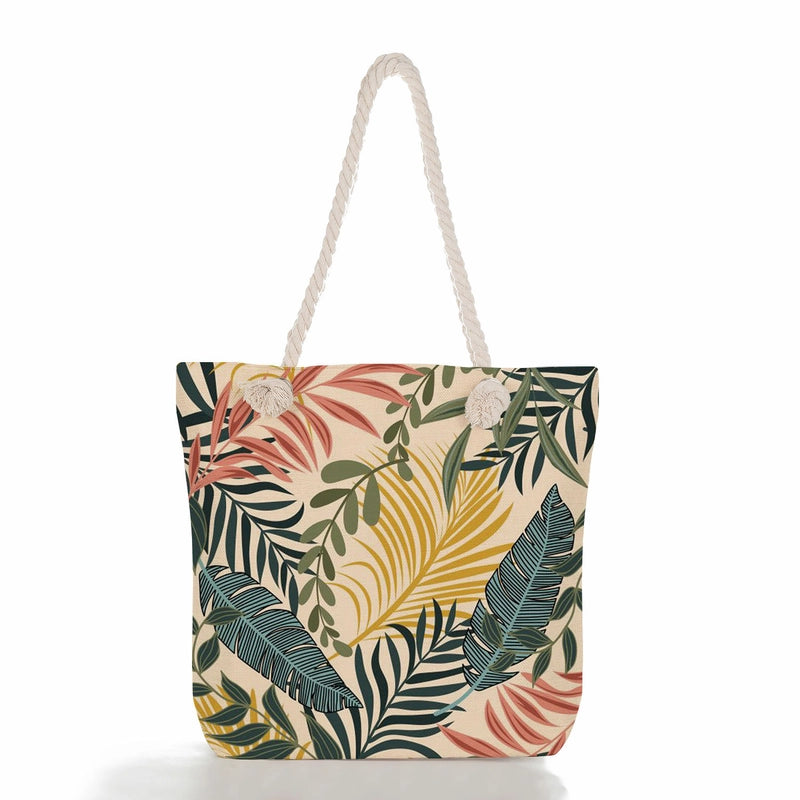 Green Leaf Printed Cotton Rope Bag Large Capacity Shoulder Bag Student Book Tote Bag Printable Logo