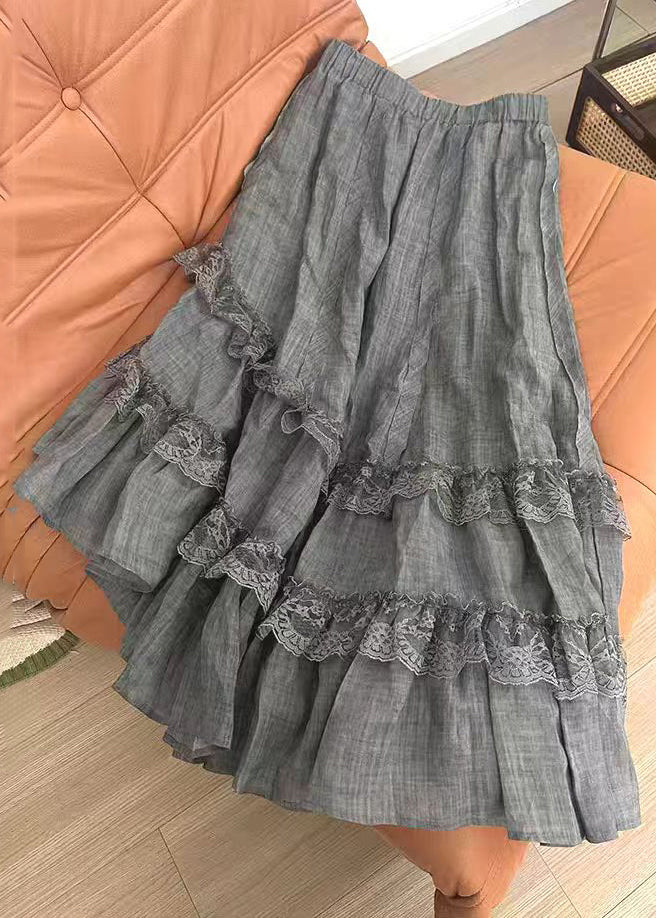 Vintage Grey Lace Elastic Waist Cotton Skirts Summer