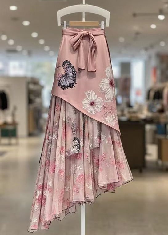 Beautiful Pink Print Lace Up Patchwork Chiffon Skirts Summer