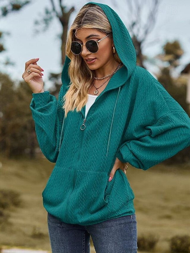 Women's Zip Up Hoodie Sweatshirt Plain Dailywear Sports Zipper Pocket White Red Blue Modern Loose Fit Hooded Long Sleeve Micro-elastic Fall Winter