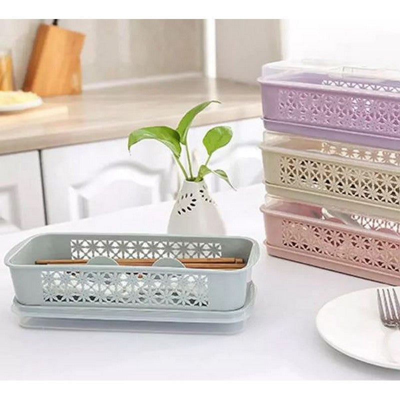 Double Layer Spoon Fork Chopsticks Storage Cover Box With Drainer - Spoon Knife Fork Box With Lid Draining Tray