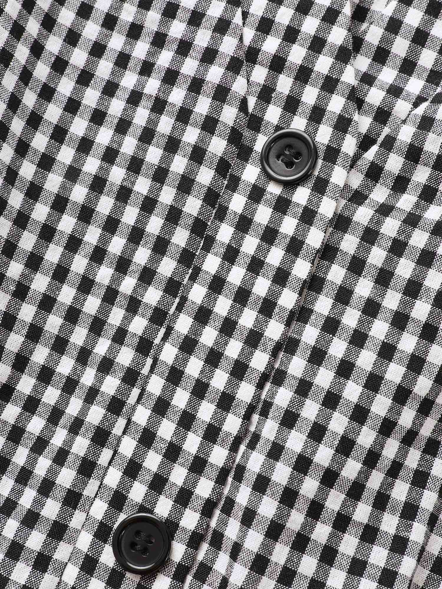 Gingham Notched Ruffle Hem Lantern Sleeve Dress