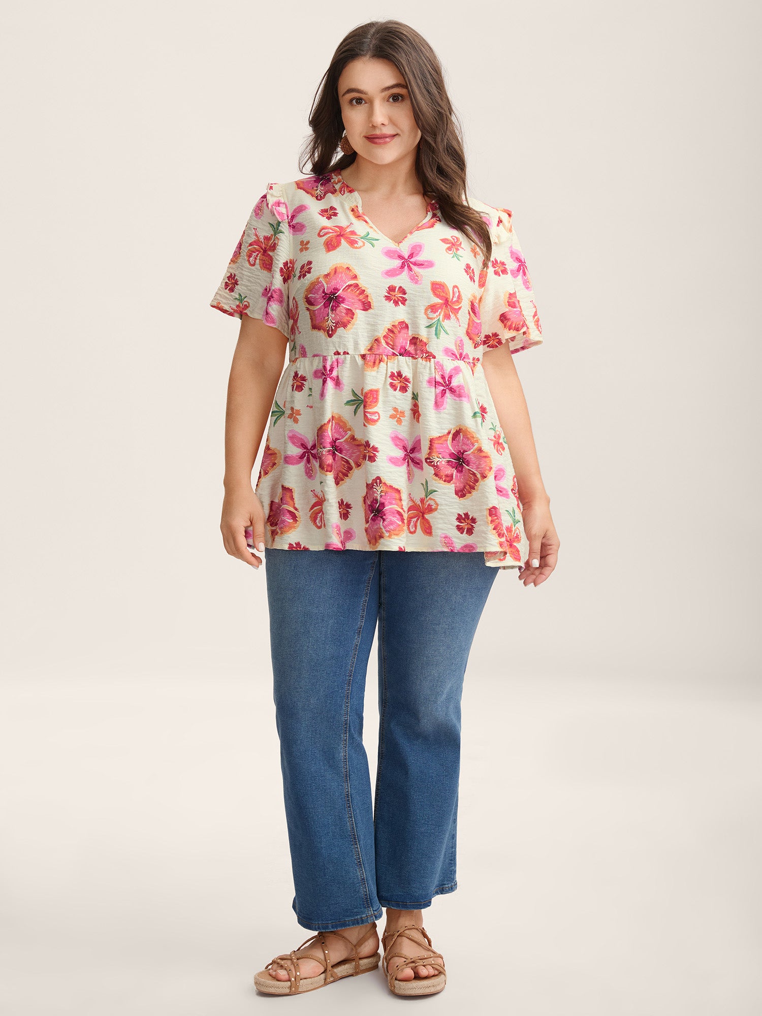 Large Floral Print Notched Collar Blouse
