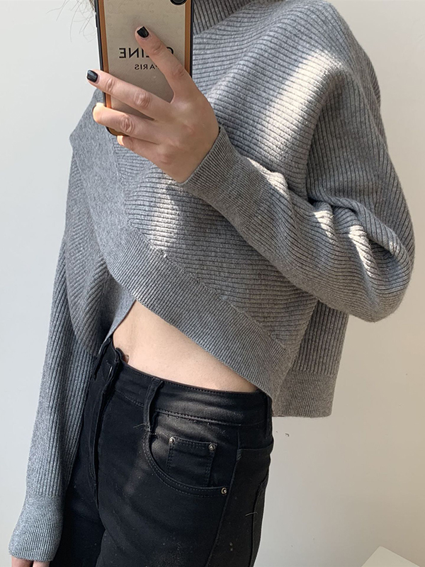 Long Sleeves Asymmetric Solid Color Split-Front High-Neck Knitwear Pullovers Sweater