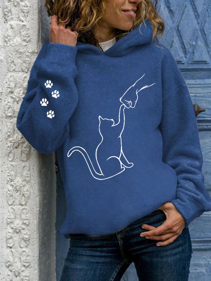 Women's Cat and Hand Print Casual Hoodie
