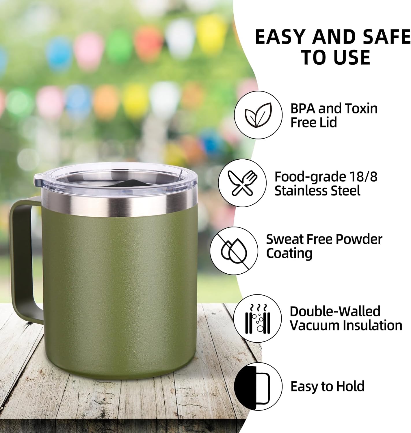 Volhoply 14oz Insulated Stainless Steel Coffee Mug with Leakproof Lid,Double Wall Vacuum Travel Coffee Cup with Handle,Reusable Metal Tumbler,Camping Mugs Keep Hot/Cold,Christmas Gifts(Black,1