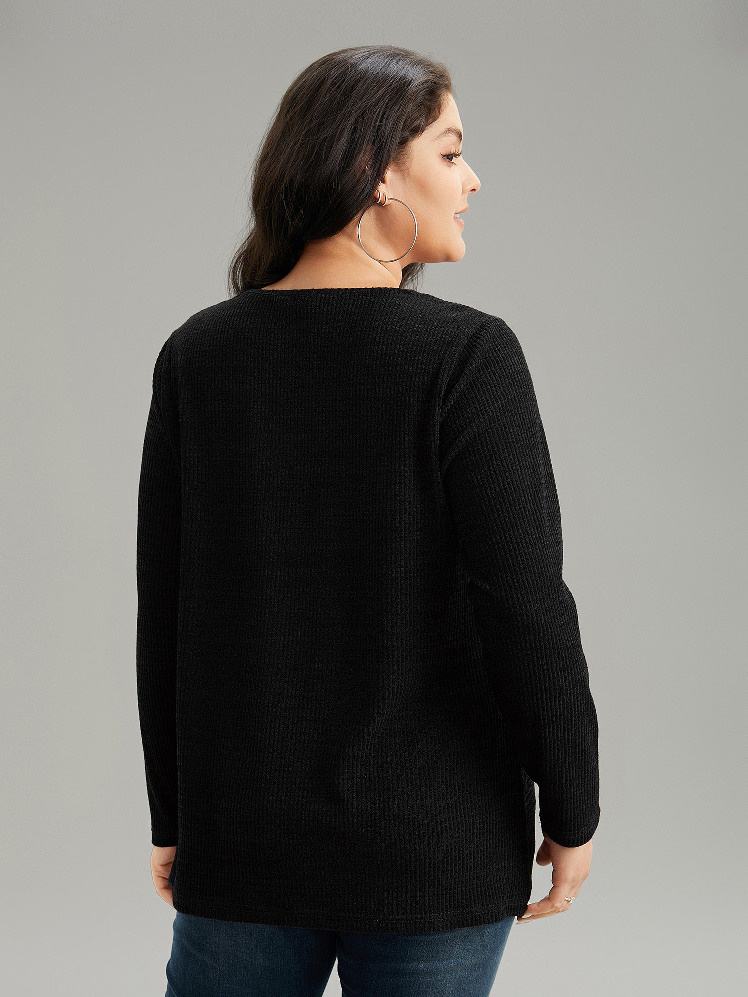 Solid Rib Knit Button Detail T-shirt