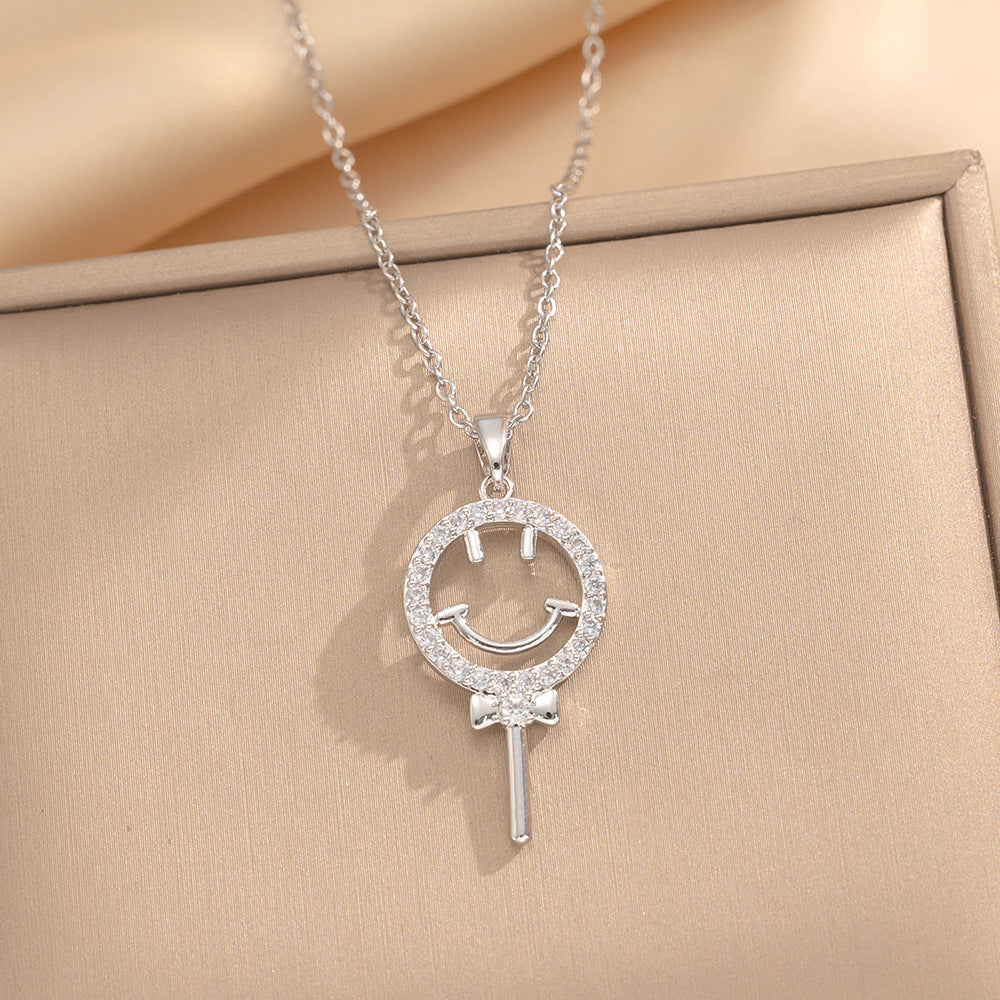Titanium Steel Lollipop Smiley Face Necklace For Women Summer Fashion Design Versatile Zircon Clavicle Necklace