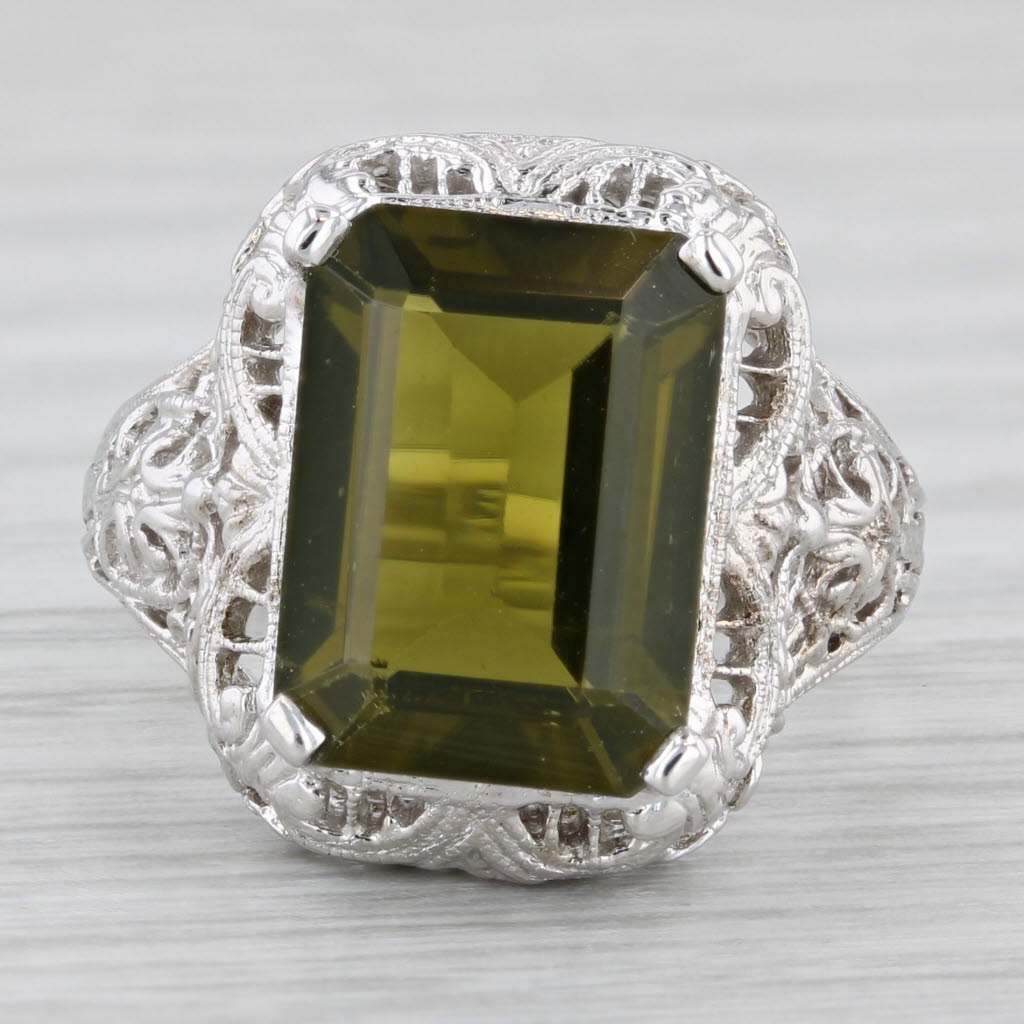 4.40ct Green Tourmaline Solitaire Ring 14k White Gold Filigree Size 5.5