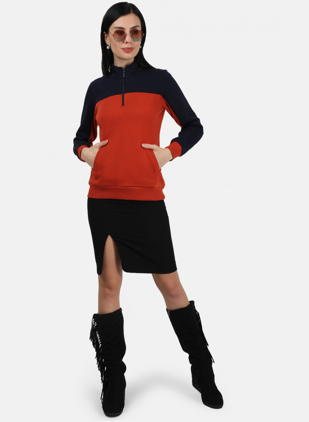 Women Orange & Navy Plain Sweatshirt