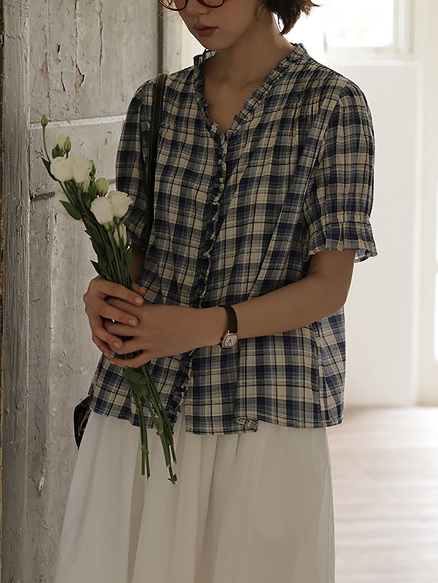 Women Summer Worn Plaid V-Neck Cotton Shirt