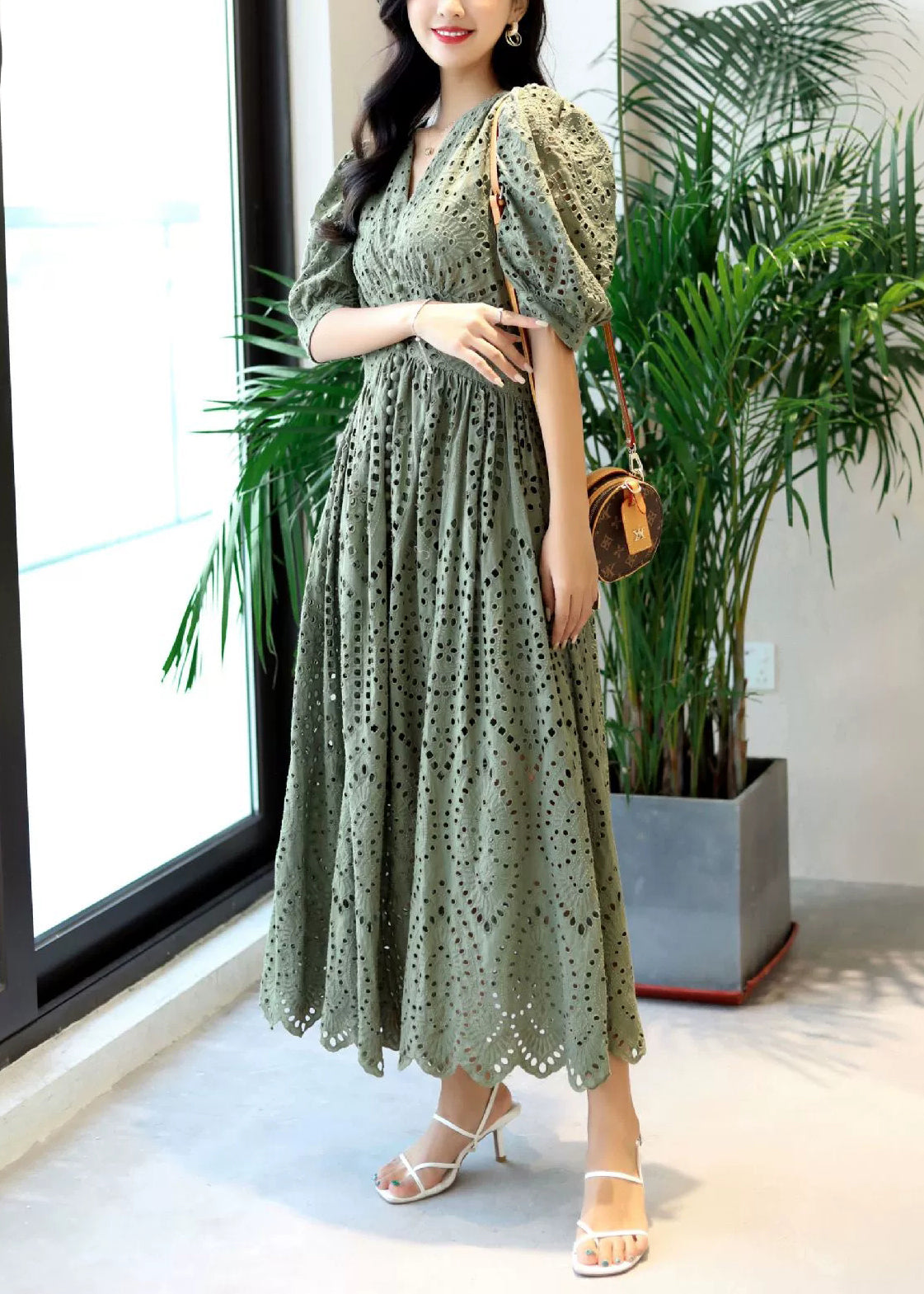 Elegant Blackish Green V Neck Hollow Out Cotton Dresses Summer