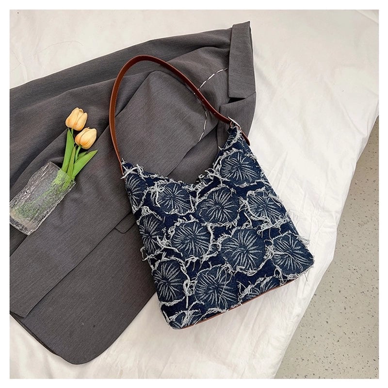 Women's Large Denim Flower Basic Square Zipper Shoulder Bag