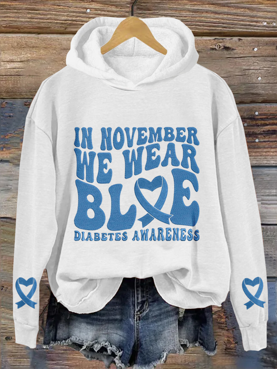 Blue Diabetes Awareness Print Long Sleeve Hoodie