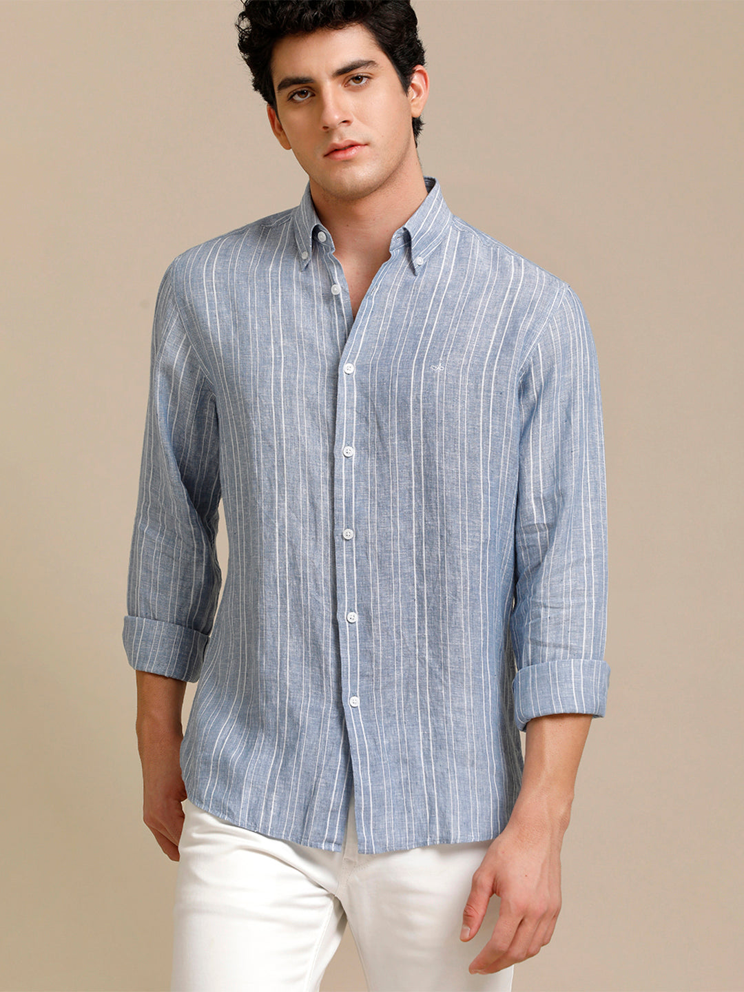 Mens Regular Fit Blue/White Stripe Casual Linen Shirt (LABUL)