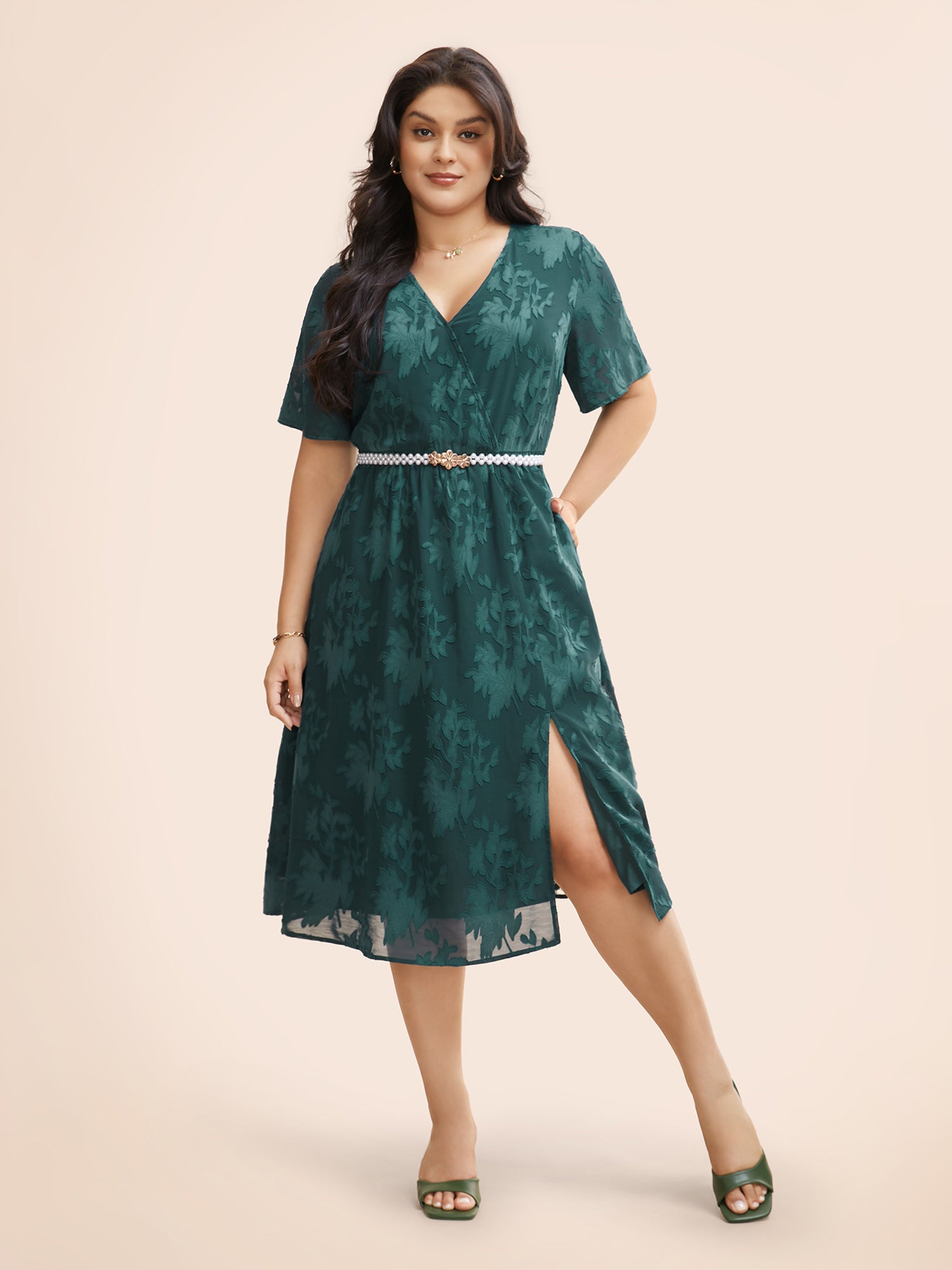 Overlap Collar Jacquard Split Hem Dress