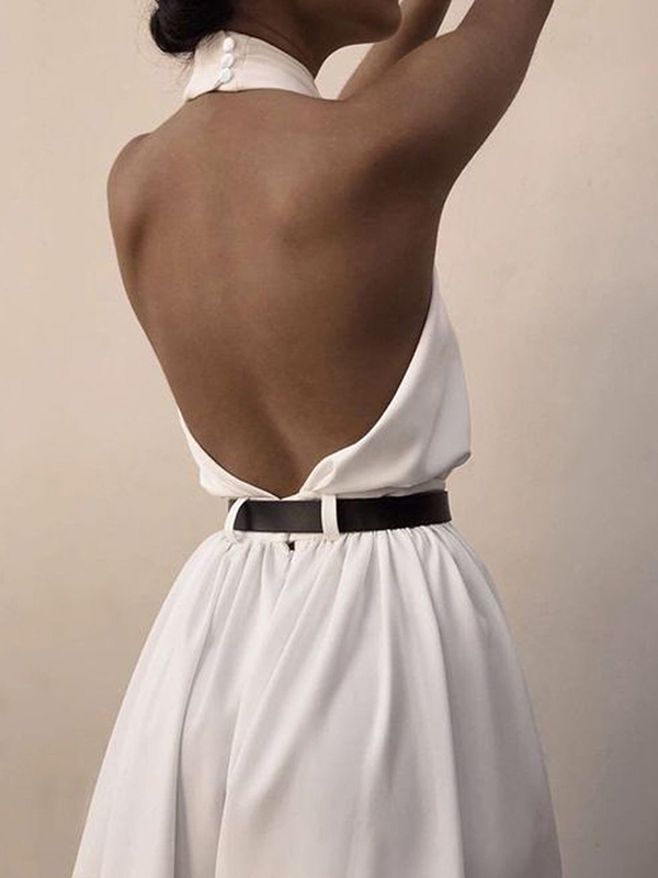 High Waisted Loose Backless Hollow Pleated Solid Color Split-Joint Halter-Neck Jumpsuits