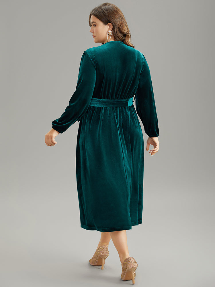 Solid Velvet Belted Wrap Arc Hem Dress