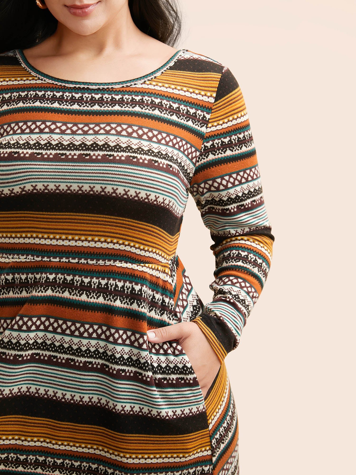 Crew Neck Striped Backless Pocket Dress