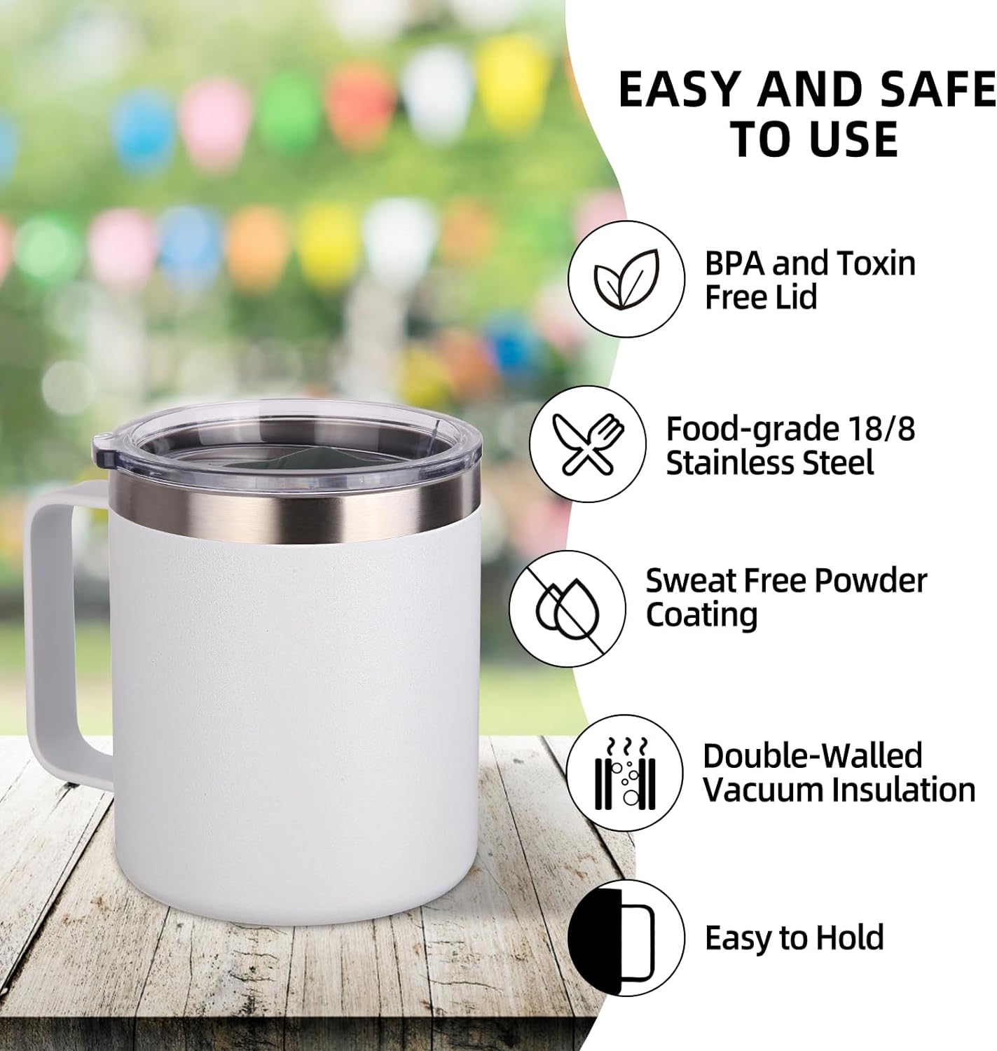 Volhoply 14oz Insulated Stainless Steel Coffee Mug with Leakproof Lid,Double Wall Vacuum Travel Coffee Cup with Handle,Reusable Metal Tumbler,Camping Mugs Keep Hot/Cold,Christmas Gifts(Black,1