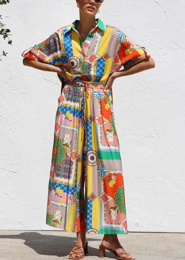 Boho Print Shirts And Maxi Skirts Two Piece Set Short Sleeve