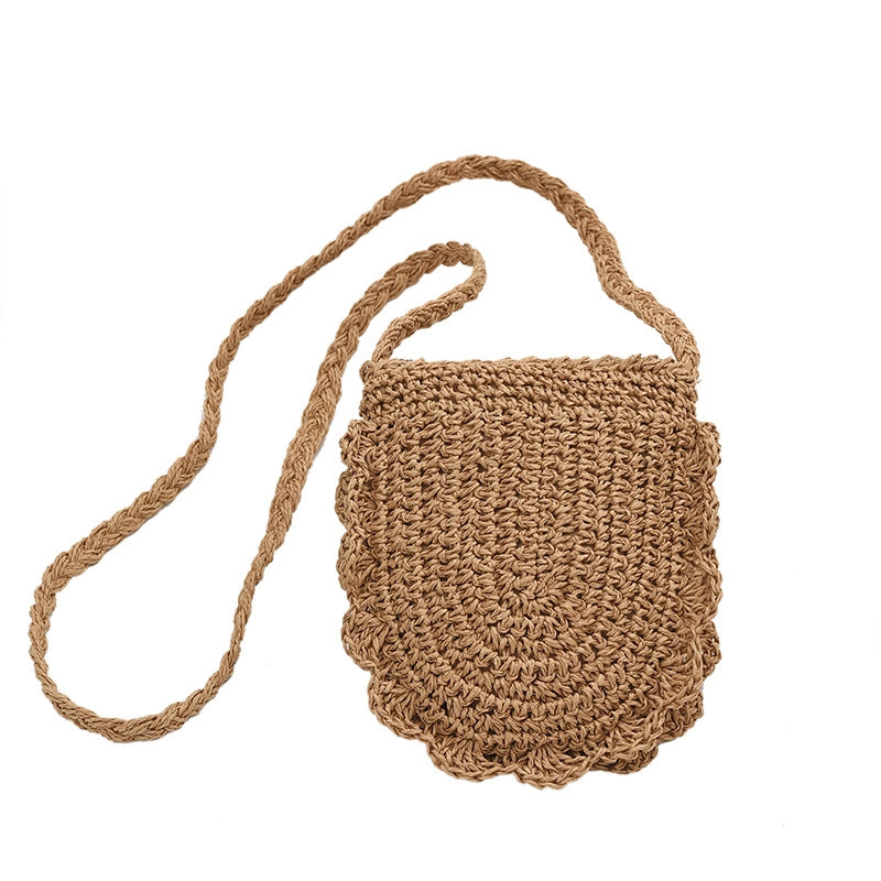 Women's Small Straw Solid Color Vacation Oval Zipper Shoulder Bag Crossbody Bag Straw Bag