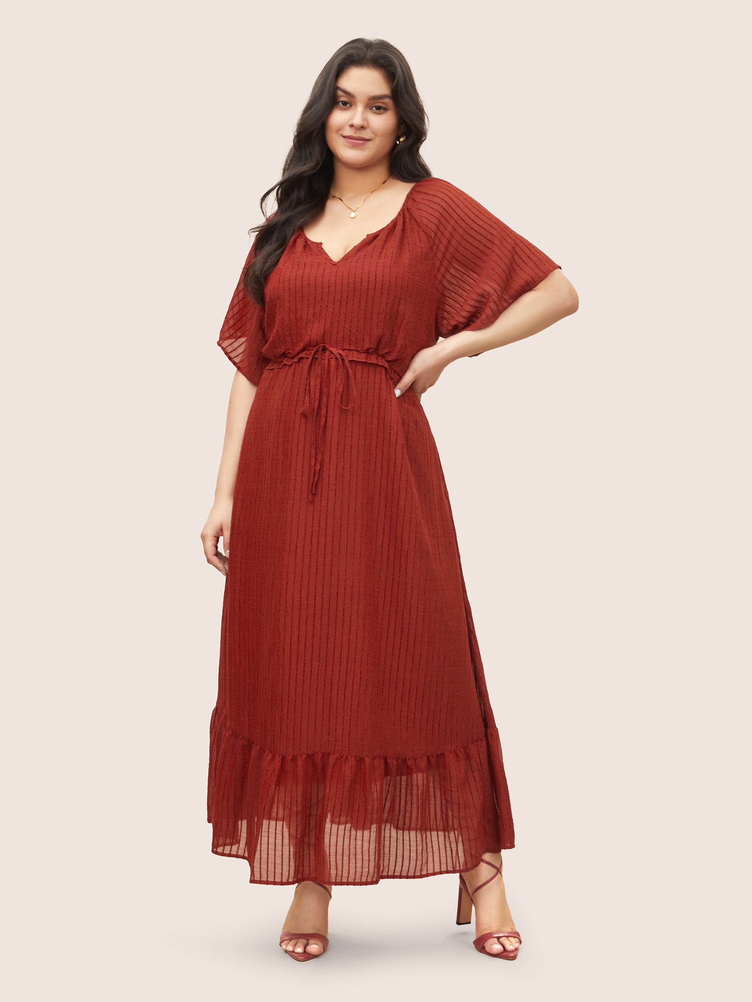 Solid Striped Notched Ties Up Pocket Flutter Maxi Dress