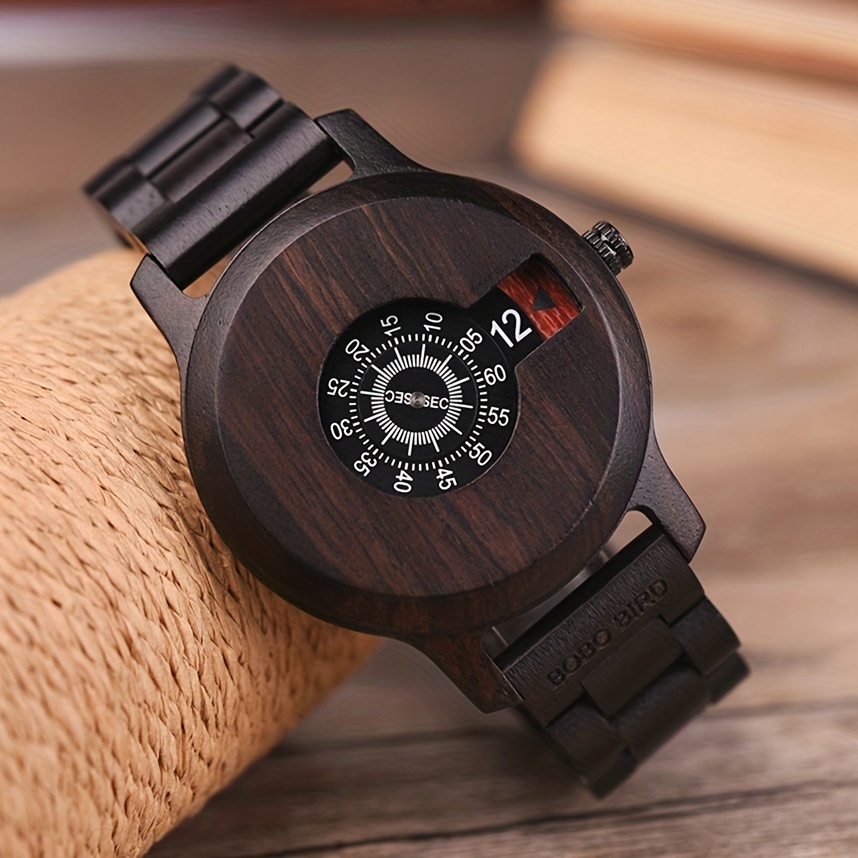 Simple Men's Wooden Watch Vintage Pointer Round Quartz Wrist Watch With Wooden Box Birthday Gift