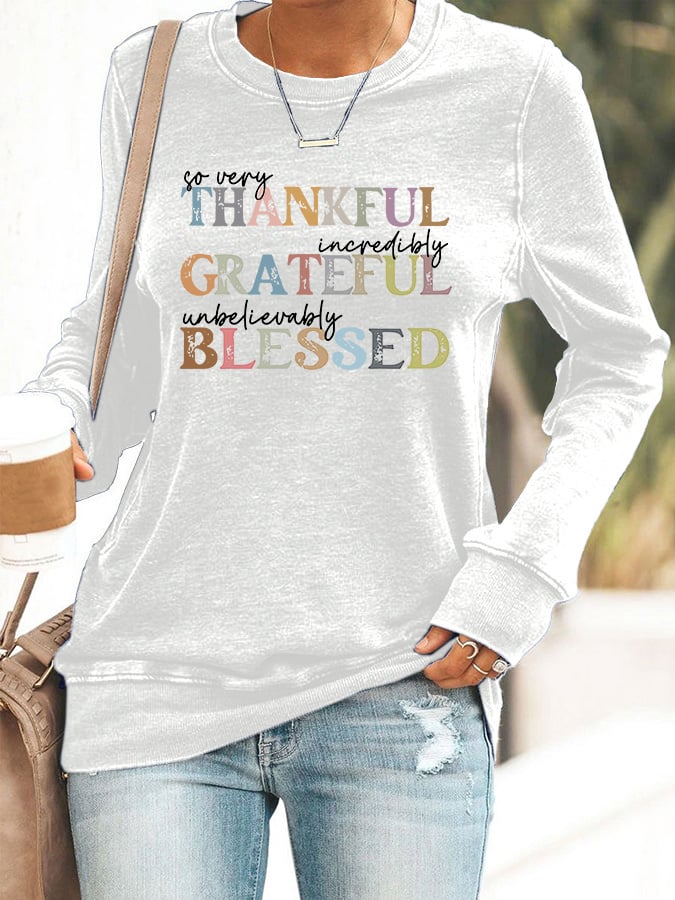 Women's Grateful Thankful Blessed Print Crew Neck Sweatshirt