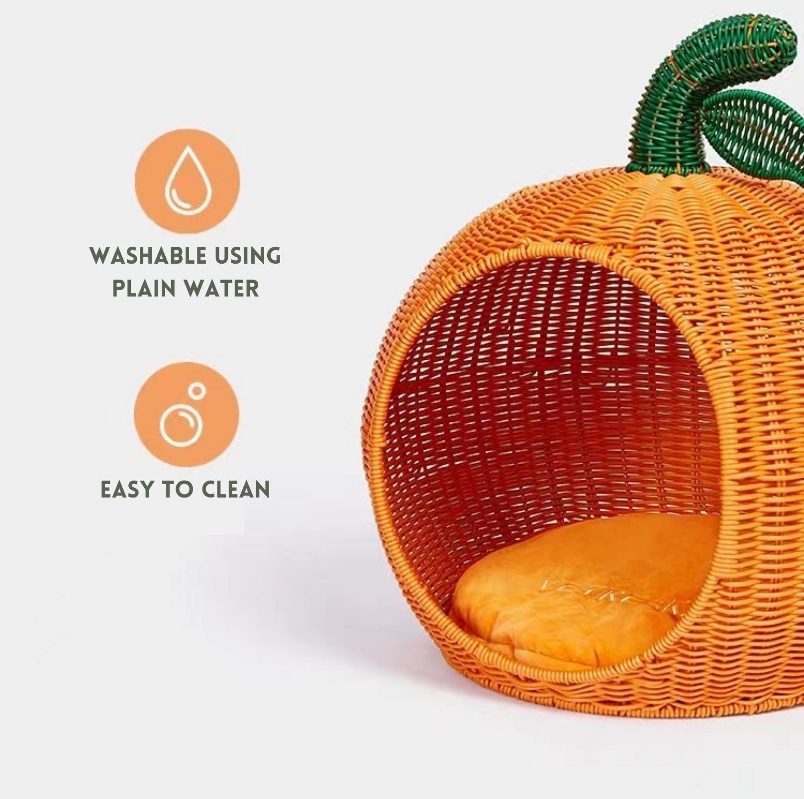 Fortune Orange Rattan Cat Bed With Removable Thick Pad For All Seasons