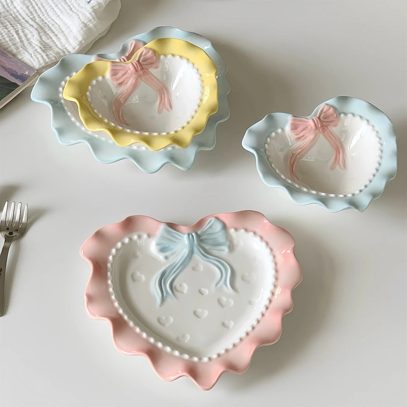 Cute Red Heart Bow Knot Porcelain Plate 1 Piece