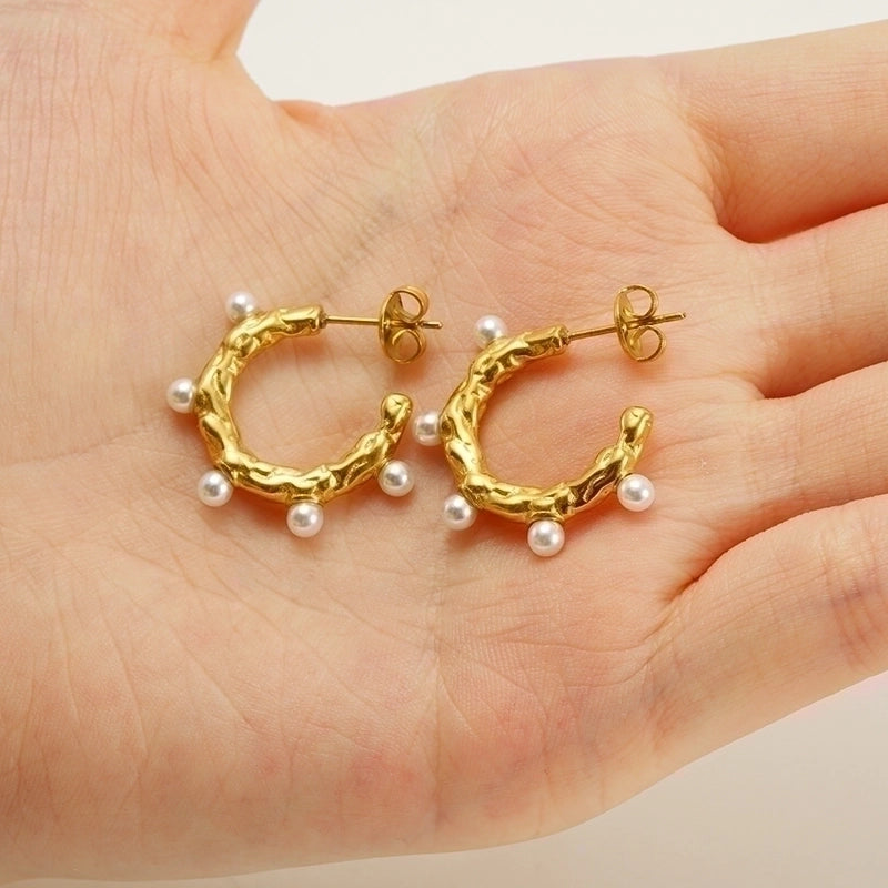 1 Pair Elegant Glam Shiny C Shape Plating Inlay Stainless Steel Pearl Zircon 18K Gold Plated Ear Studs