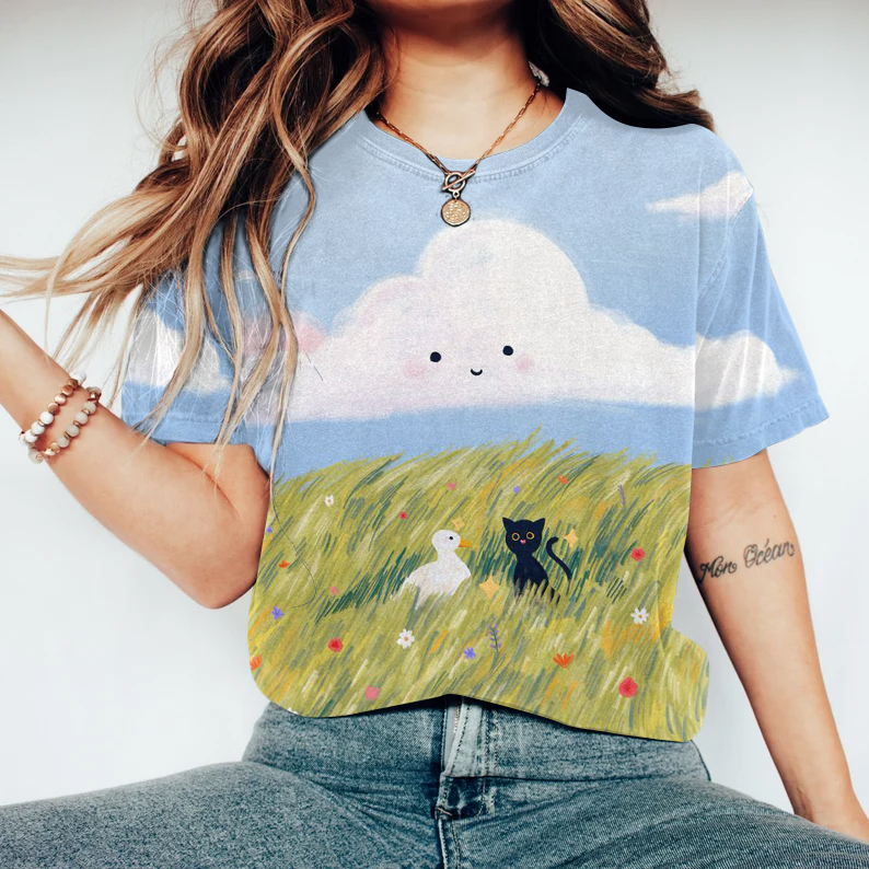 Cat Print Round Neck Casual T-Shirt