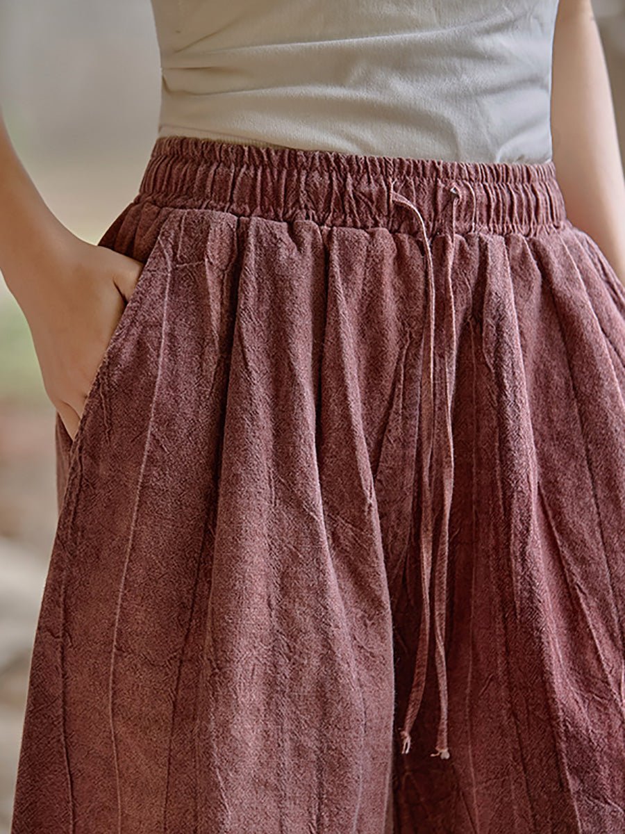 Women Summer Retro Pure Color Ramie Fifth Pants
