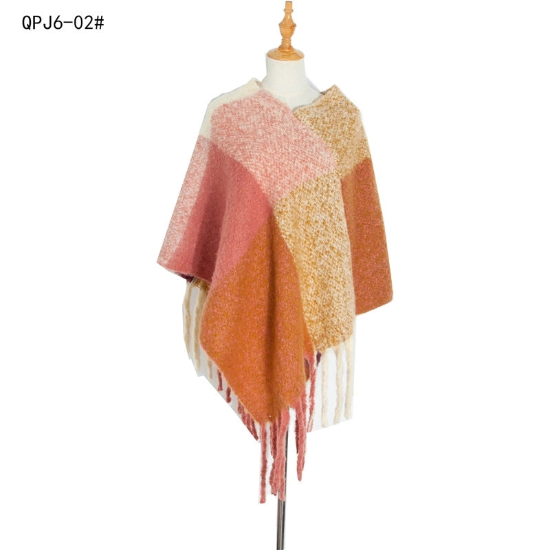 Hot Style New Autumn And Winter Women's Shawl Thick Tassel Loop Yarn Large Plaid Cloak