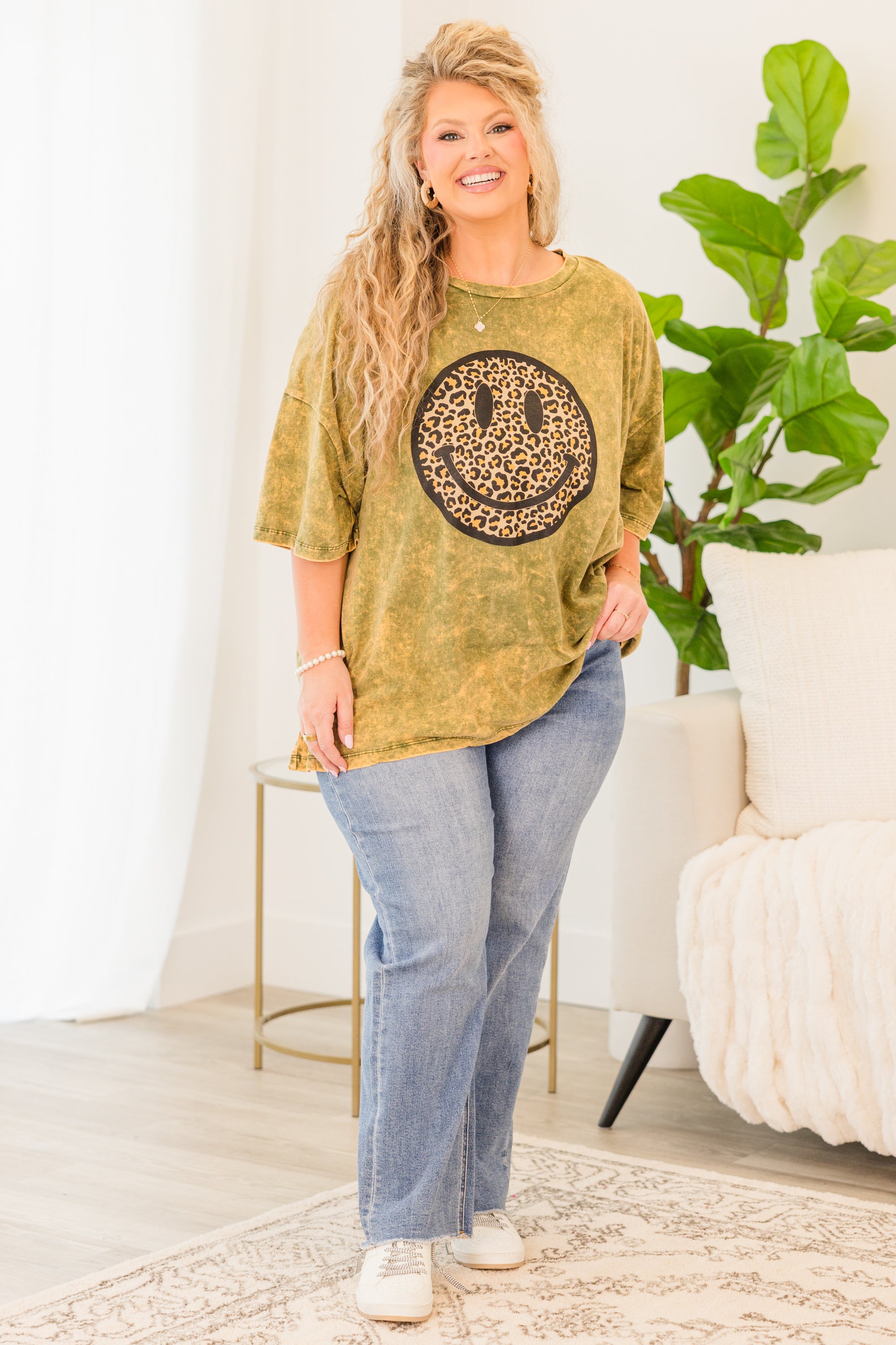 Smiley Face Acid Wash Boyfriend Tee. Golden Olive