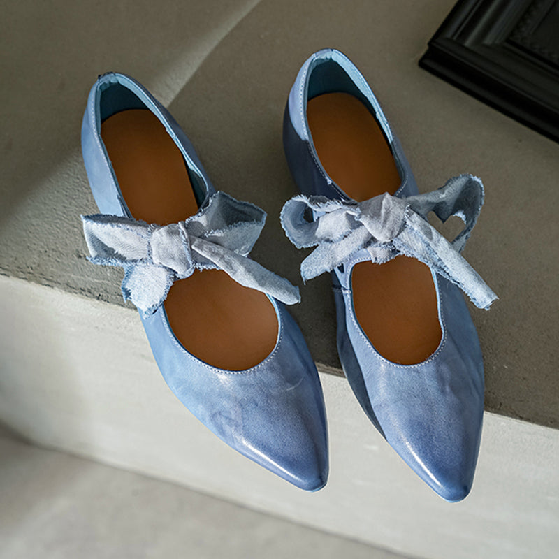 Horse Leather Retro Pointed Toe Ballet Flats Mary Jane Shoes with Bow-Tie Design Black/Blue/Yellow
