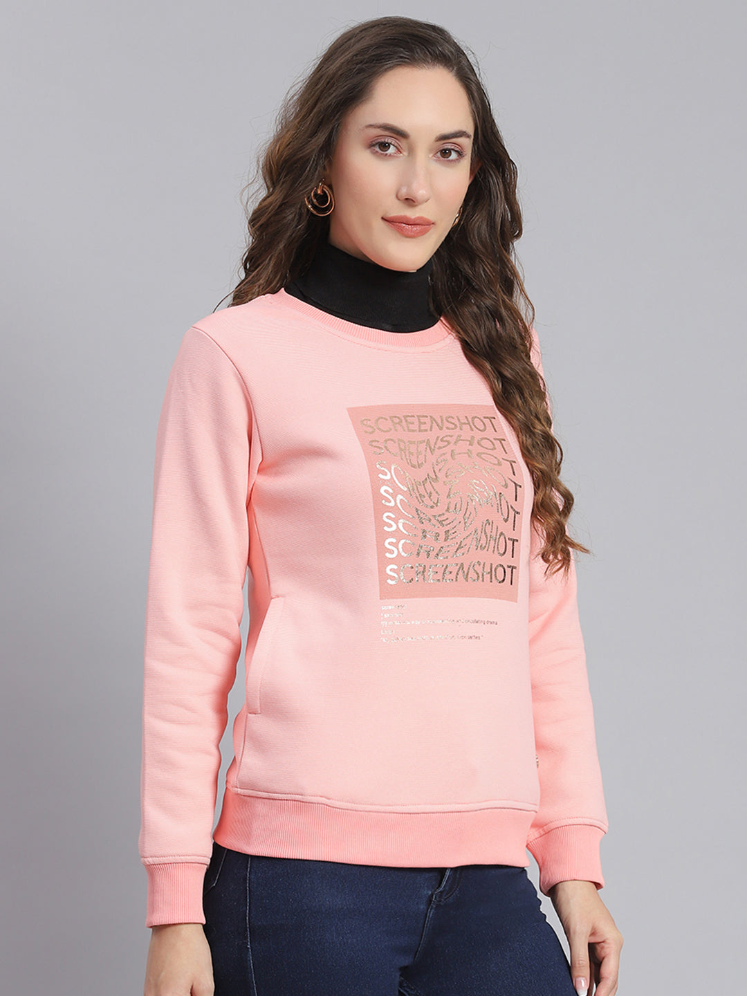 Women Pink Printed Round Neck Full Sleeve Sweatshirts