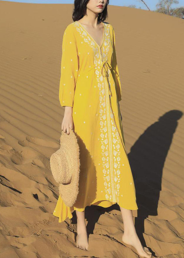 Beautiful Yellow Embroidered Lace Up Cotton Long Dresses Bracelet Sleeve
