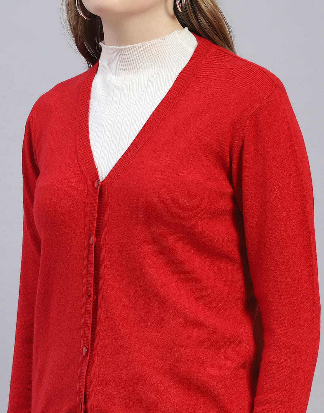 Women Red Solid V Neck Full Sleeve Cardigan