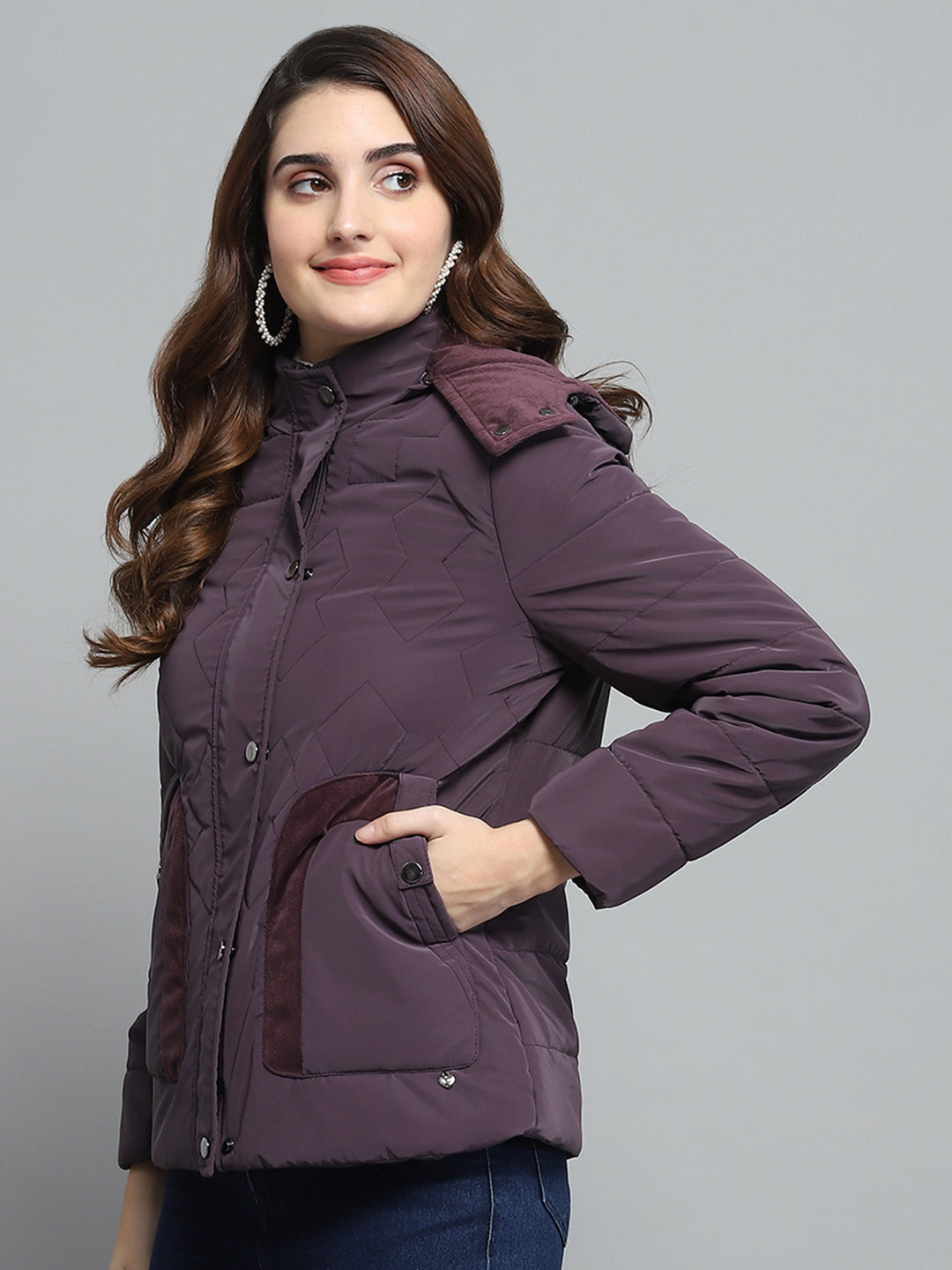 Women Burgundy Solid Detachable Hood Full Sleeve Jacket