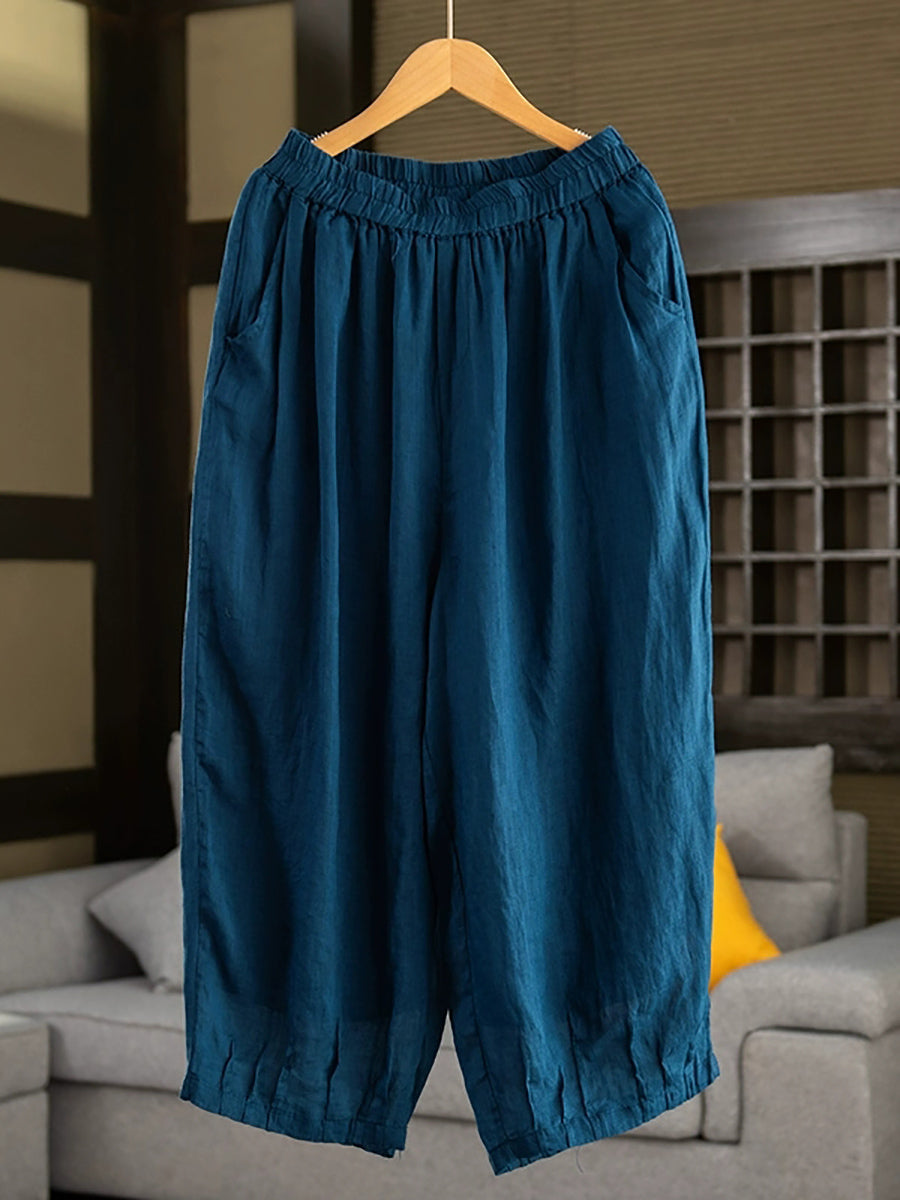 Women Summer Retro Pure Color 100%Ramie Bloomers