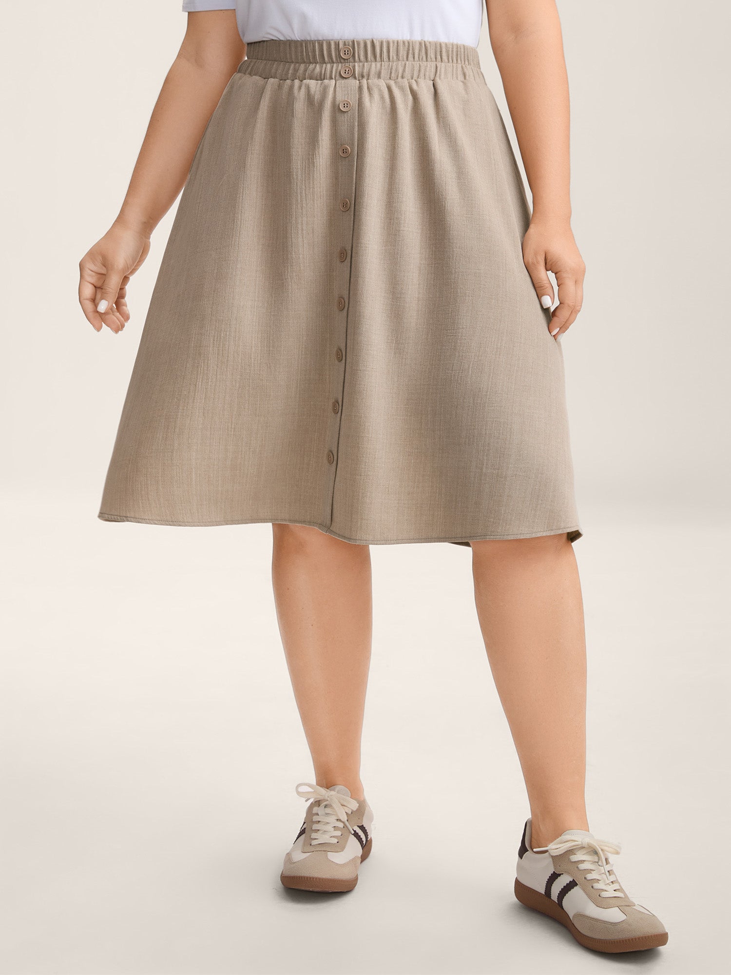Button Detail Textured A-Line Midi Skirt