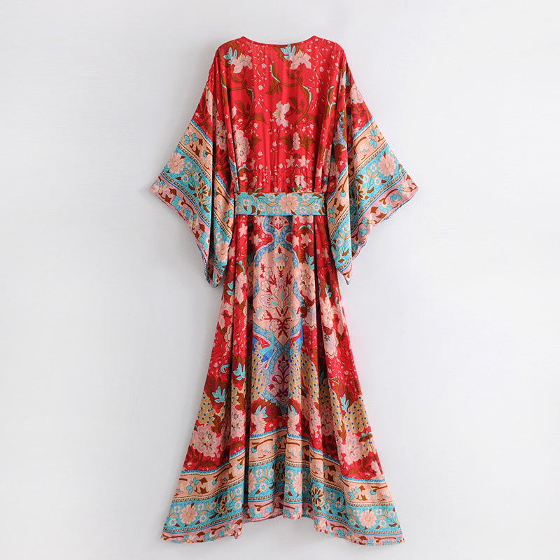 Boho Dress for Women|Bohemian Dress|Midi Boho Dress| Red Bat Sleeve Bohemian Kimono DressV Neck Sashes Summer Boho Dresses Cover-up|Wedding Guest Dress