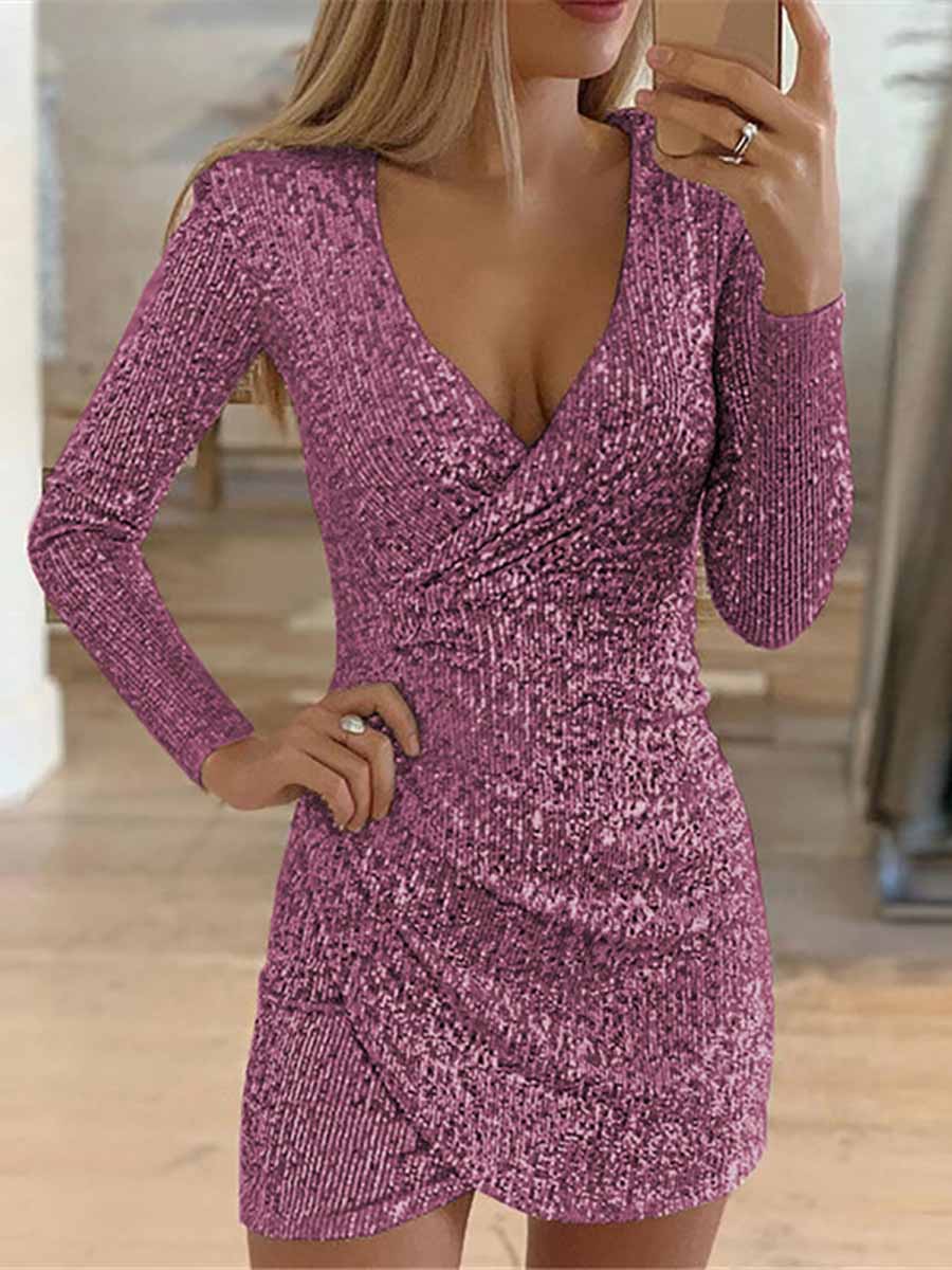 V-Neck Irregular Sequin Party Dress(9 colors)