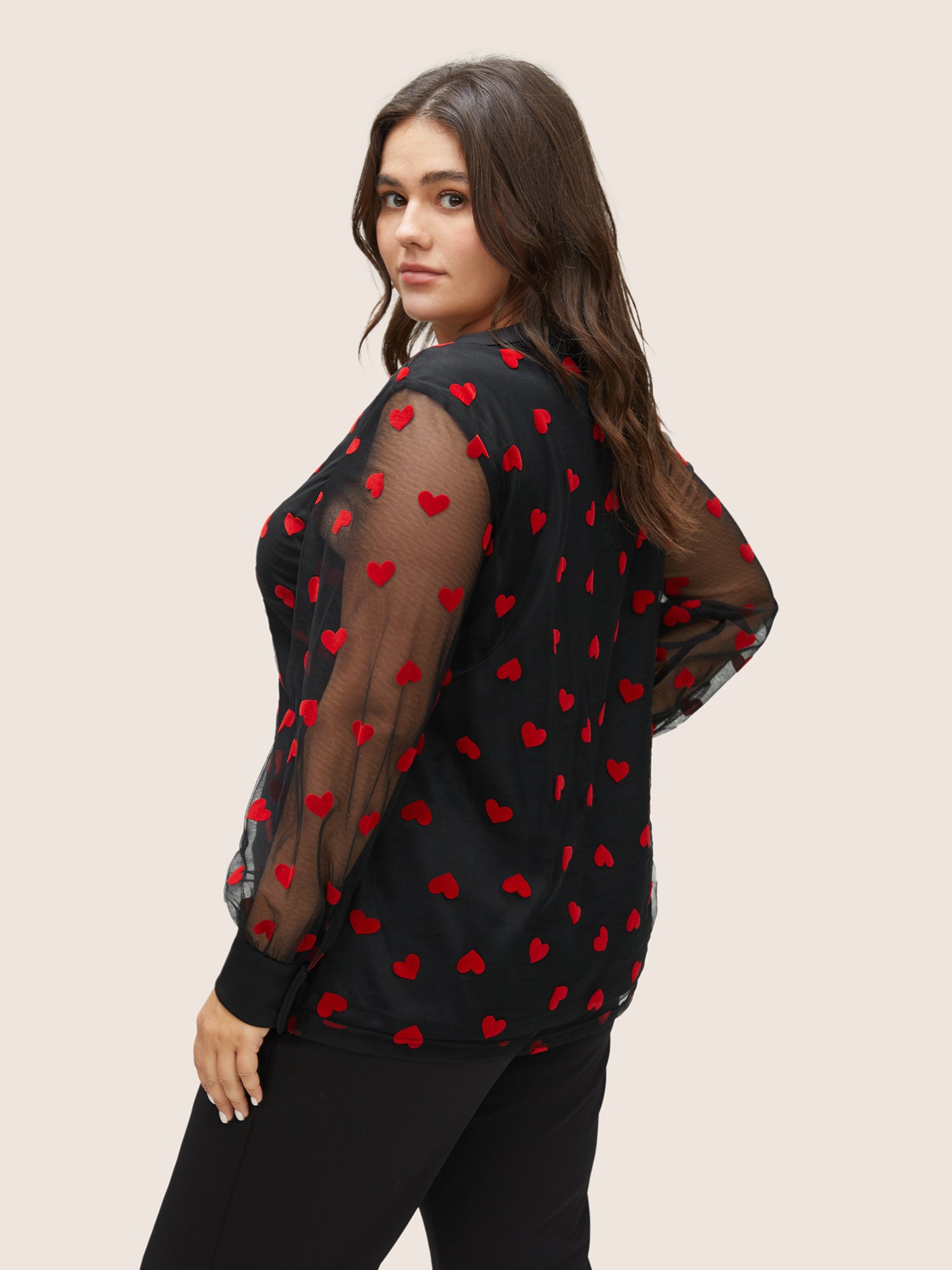 Heart Mesh Patchwork V Neck Blouse